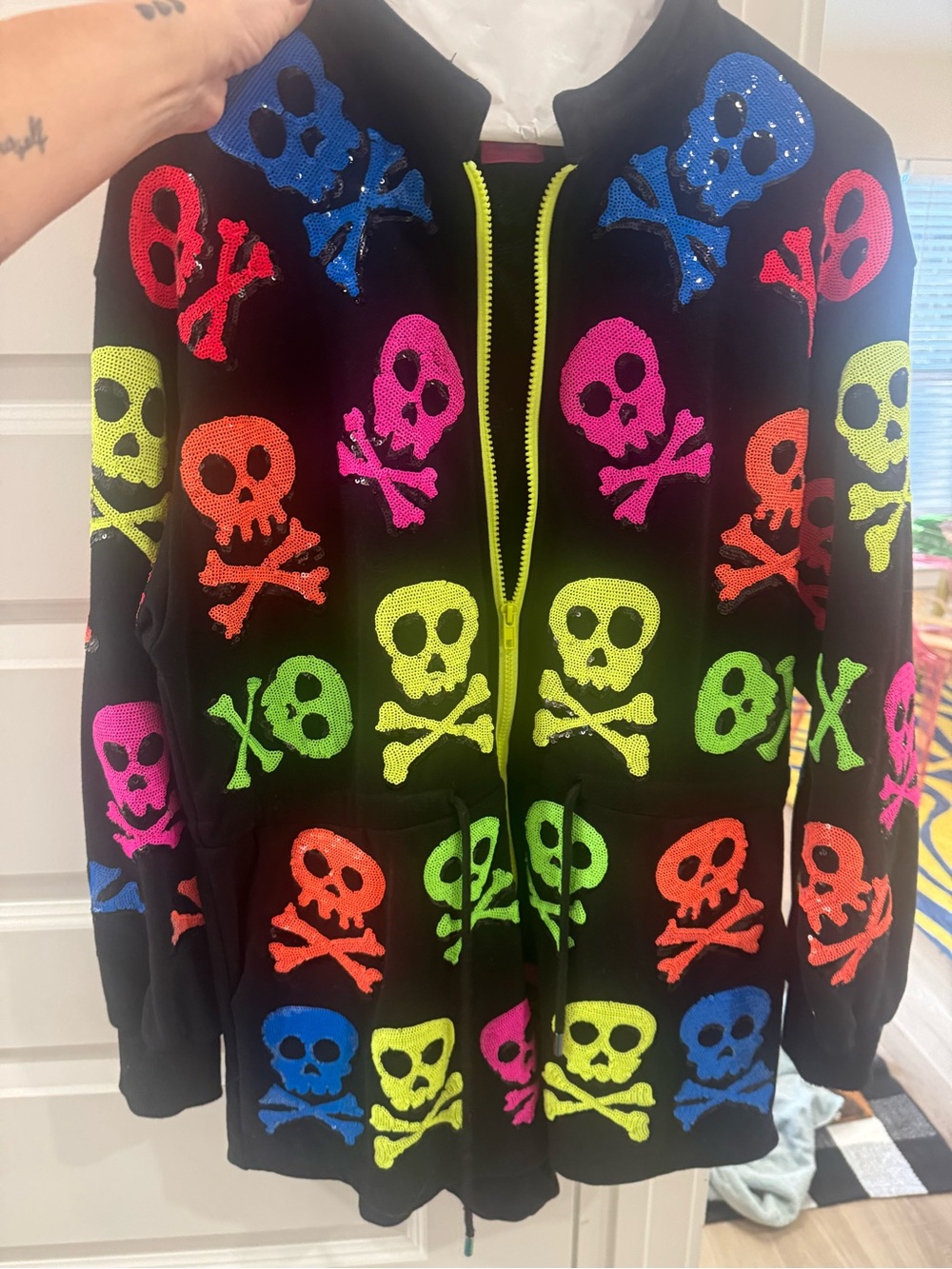 QUEEN OF SPARKLES Black Sequin Skull Zip Jumpsuit - Neon Multicolor